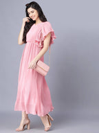 Myshka Chiffon Solid Short Sleeve Round Pink Women Dress - Distacart