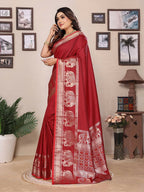 Joban Fashion Red Solid Banarasi Silk Sarees