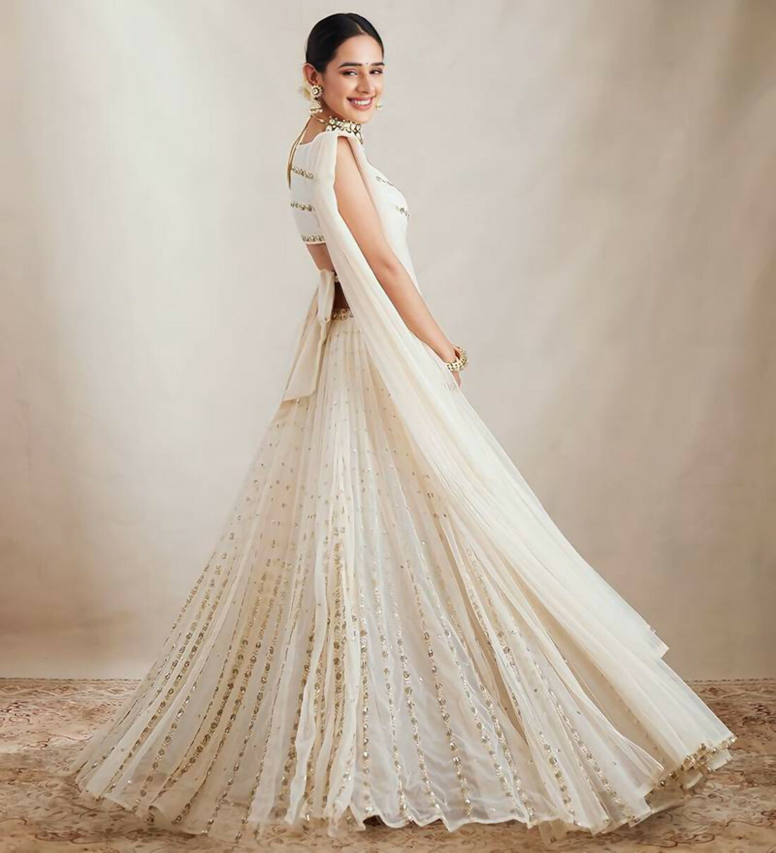 Jyoti Fashion Graceful Off White Sequence With Zari Embroidered Georgette Lehenga Choli with Dupatta