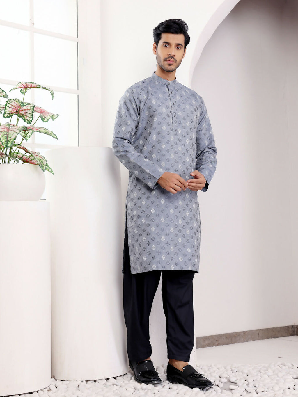 Blue Viscose Woven Jacquard Work Men's Kurta - Mahotsav