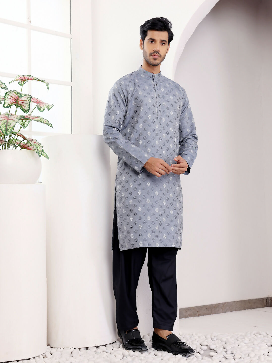 Blue Viscose Woven Jacquard Work Men's Kurta - Mahotsav