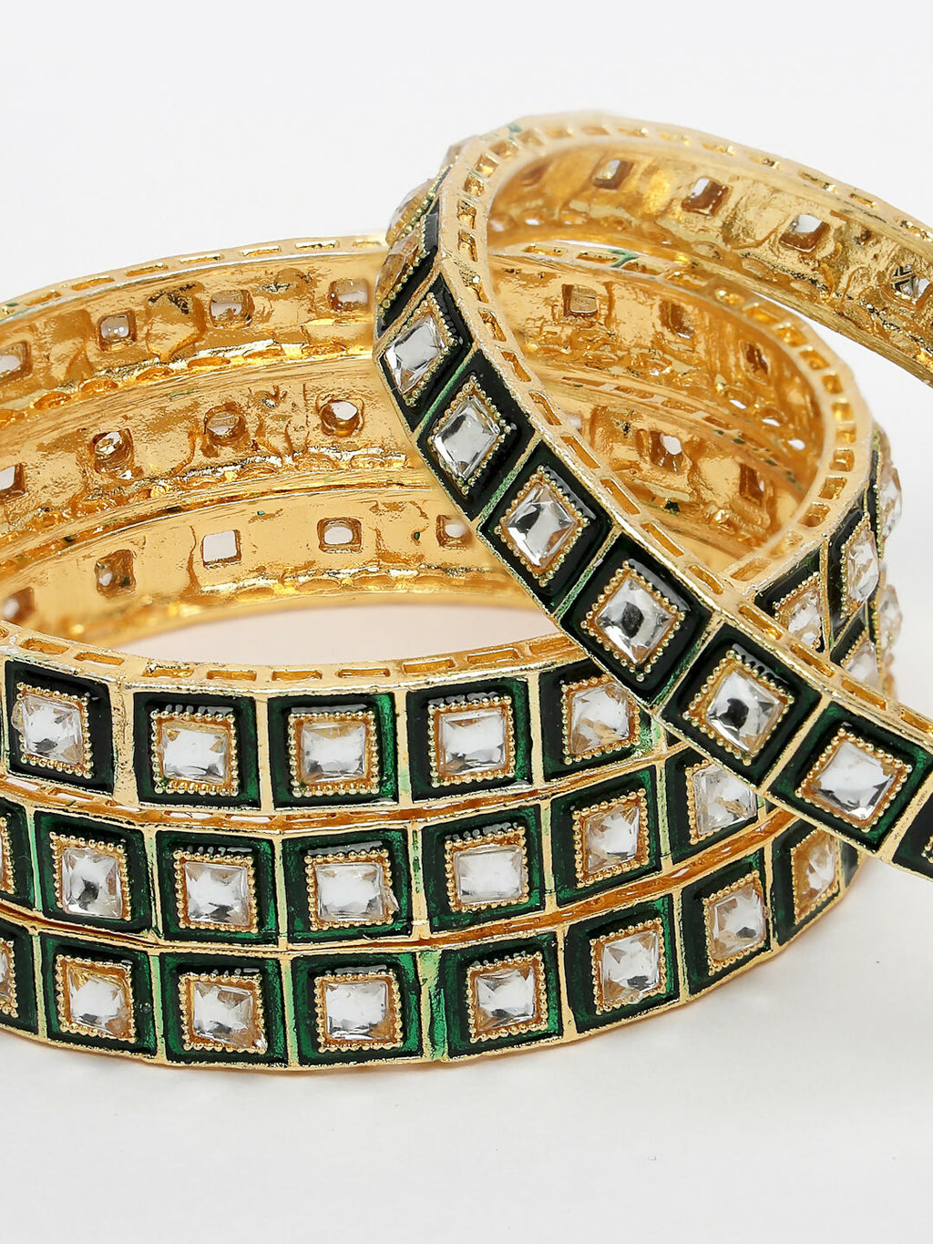 NVR Women's Set Of 4 Gold-Plated Green Kundan-Studded Traditional Bangles - Distacart