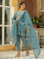 Janasya Light Blue Silk Blend Solid Kurta,Bottom & Dupatta