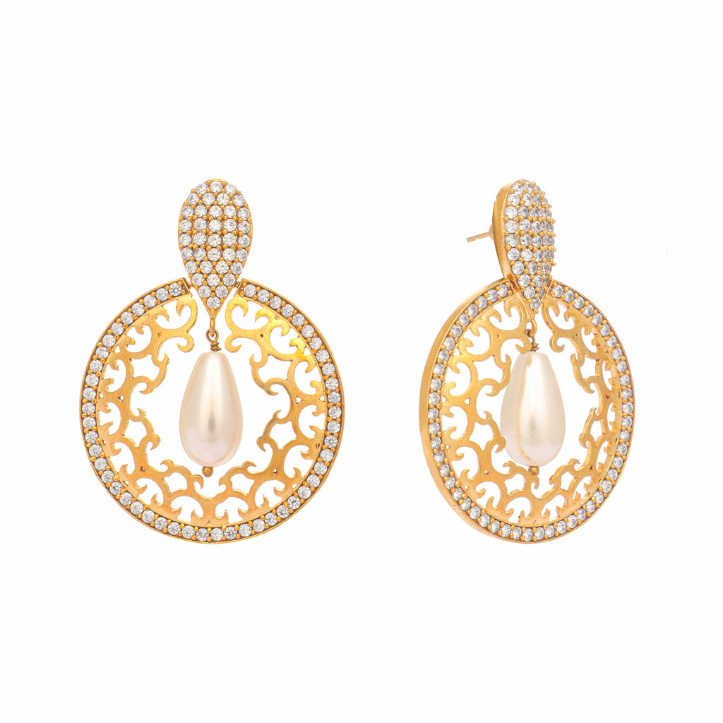 Nuyug 22K Gold Plated Cubic Zirconia Studded Contemporary Moon Shaped Pearl Drop Chandbalis - Distacart