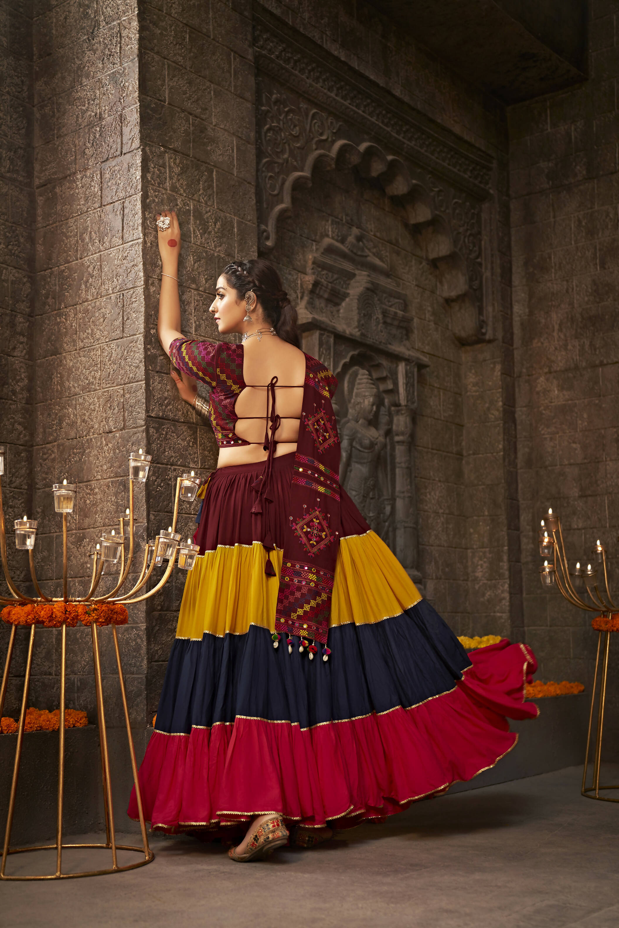 Multi Color Viscose Rayon Thread Embroidered Navratri Lehenga Choli with Dupatta - Raas