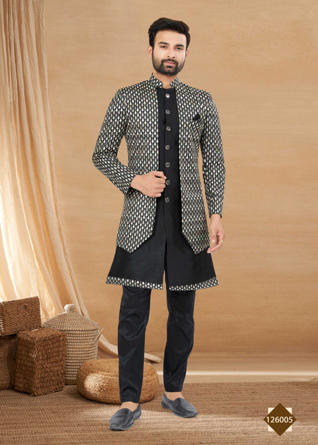 Joban Fashion Men's Black Heavy Art Silk Double Finish Plain Indowestern