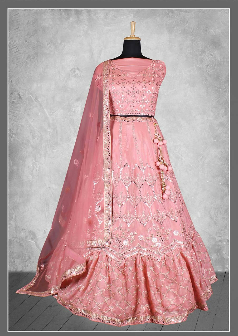 Pink Satin Silk Sequins and cord embroidery, cut work Bridal lahenga Choli with Dupatta - Nimaya Pavitra Rista