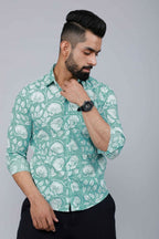 Miravan Men's Cotton Green Floral Printed Slim Fit Shirt