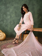 The52 Baby pink Women's Gorgeous Cotton Blend Fabric Thread Work Straight Kurta, Pant and Dupatta Set - Distacart