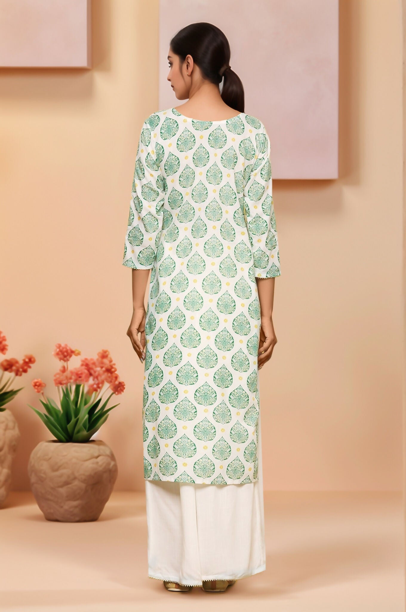 Joban Fashion White Based Leaves Printed Cotton Kurti With Matching Palazzo Set