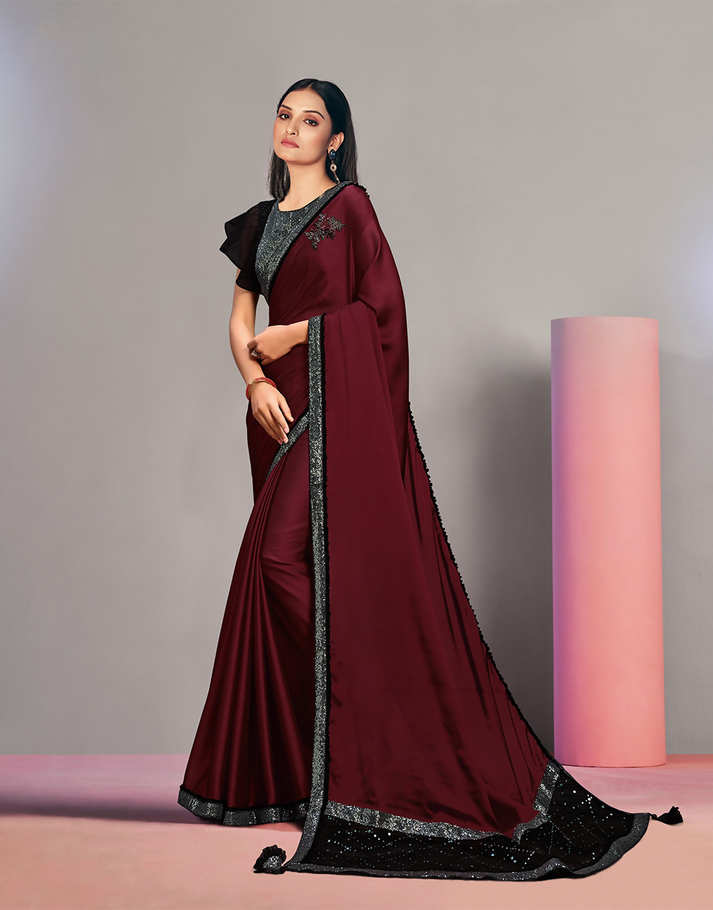 Maroon Dual Tone Silk Georgettesequins Embroidery & Handwork Butta Saree - Norita Hit