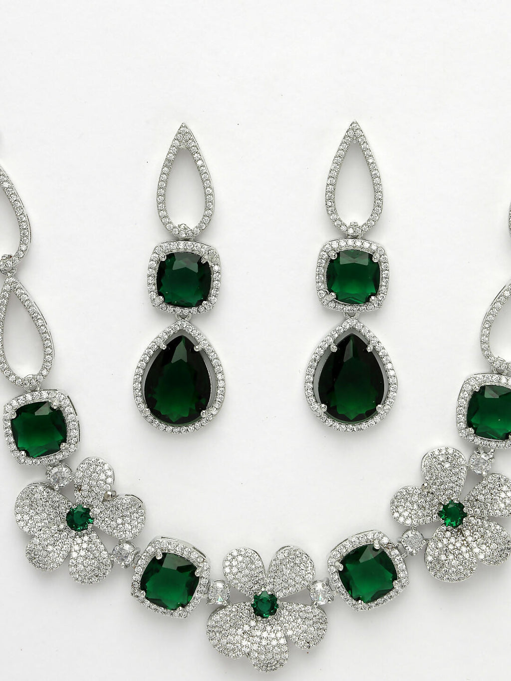 NVR Women's Green & Silver-Plated American Diamond Handcrafted Jewellery Set