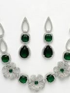 NVR Women's Green & Silver-Plated American Diamond Handcrafted Jewellery Set