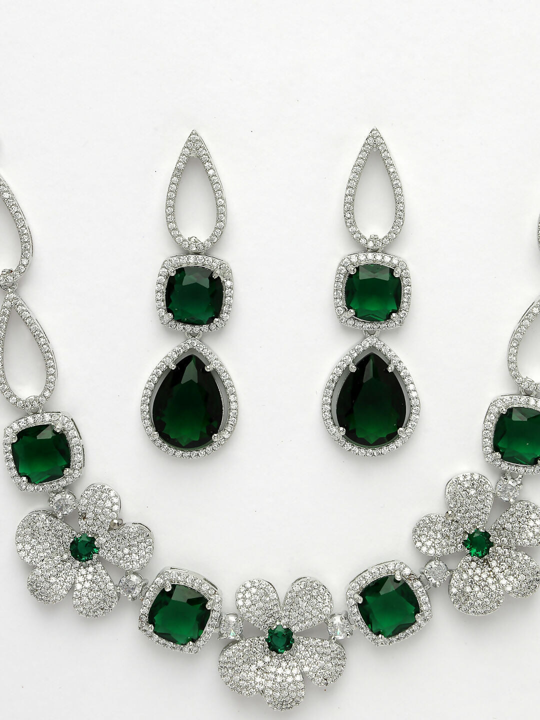 NVR Women's Green & Silver-Plated American Diamond Handcrafted Jewellery Set