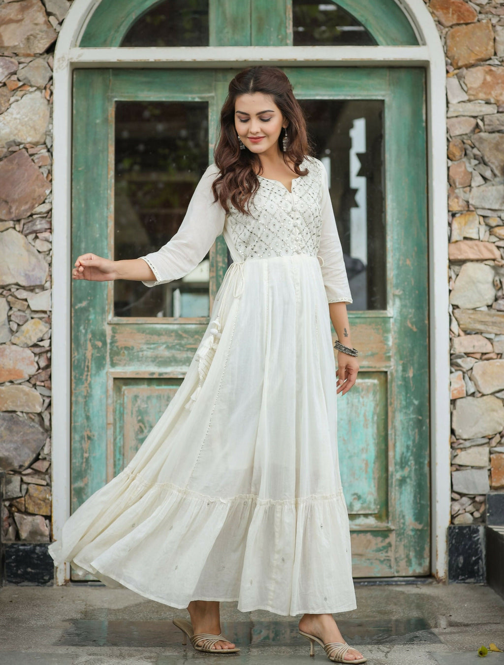 Kaajh Women's Off-White Floral Embroidered Cotton Ethnic Dress - Distacart