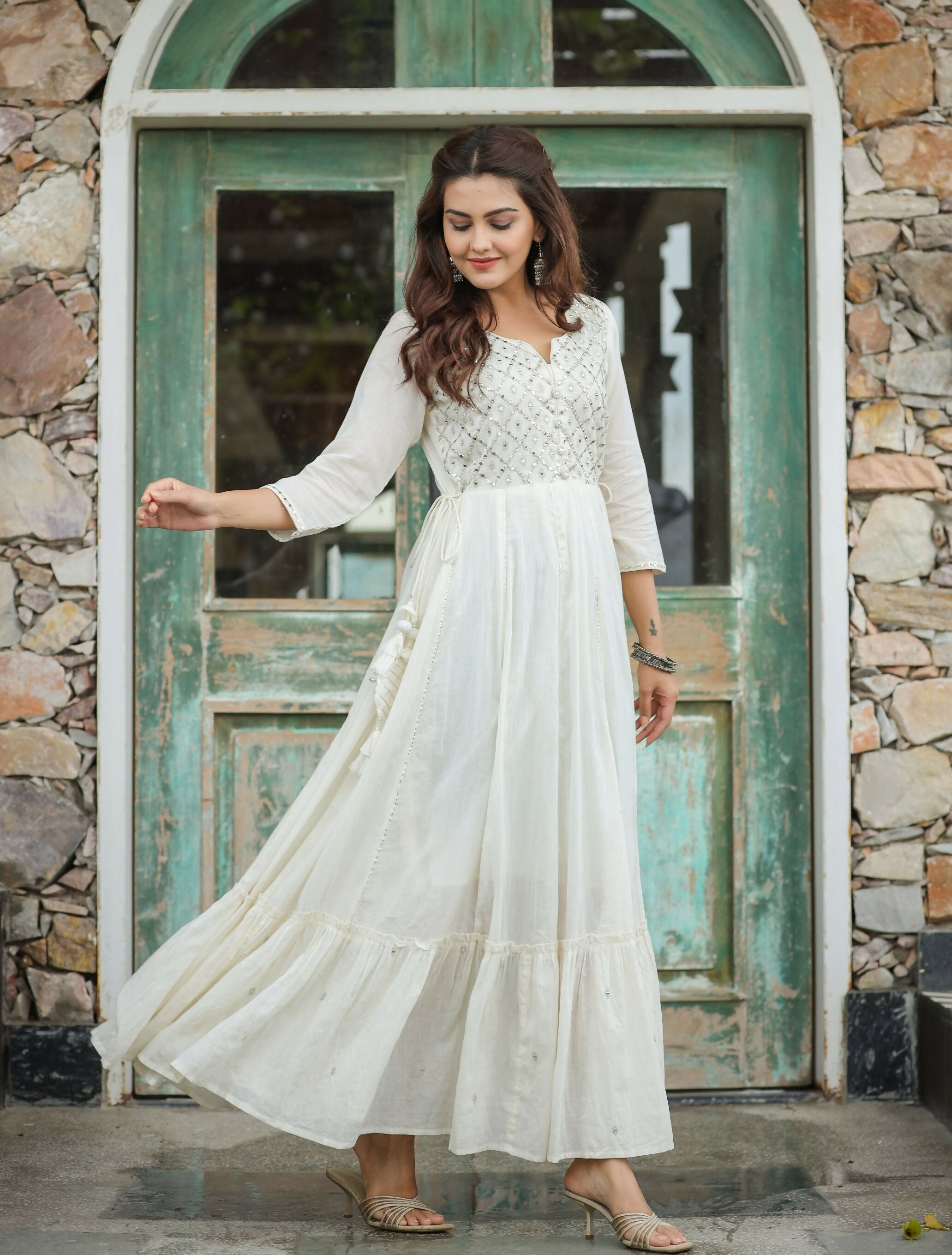 Kaajh Women's Off-White Floral Embroidered Cotton Ethnic Dress - Distacart