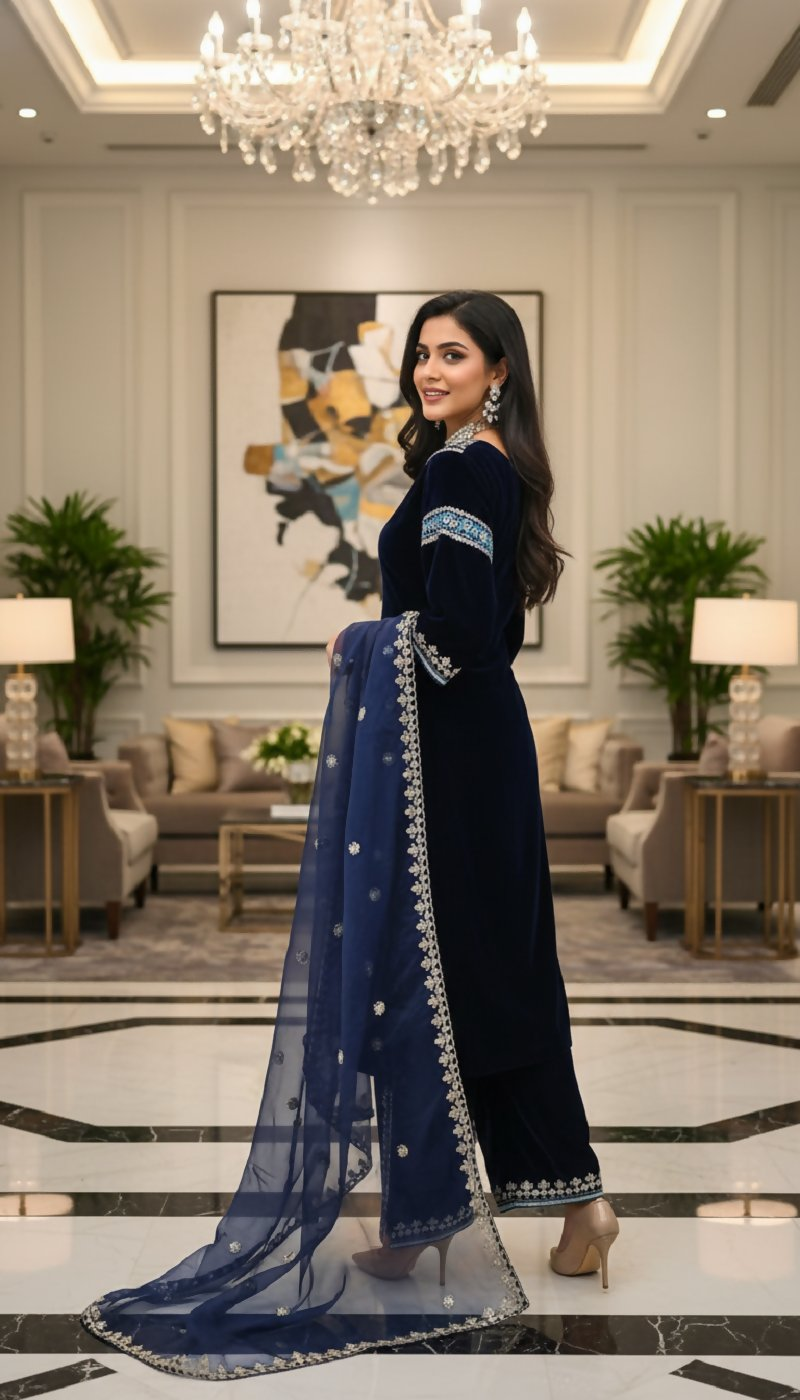 Joban Fashion Blue Velvet Embroidery Sequence Work Readymade Kurta Set - Distacart