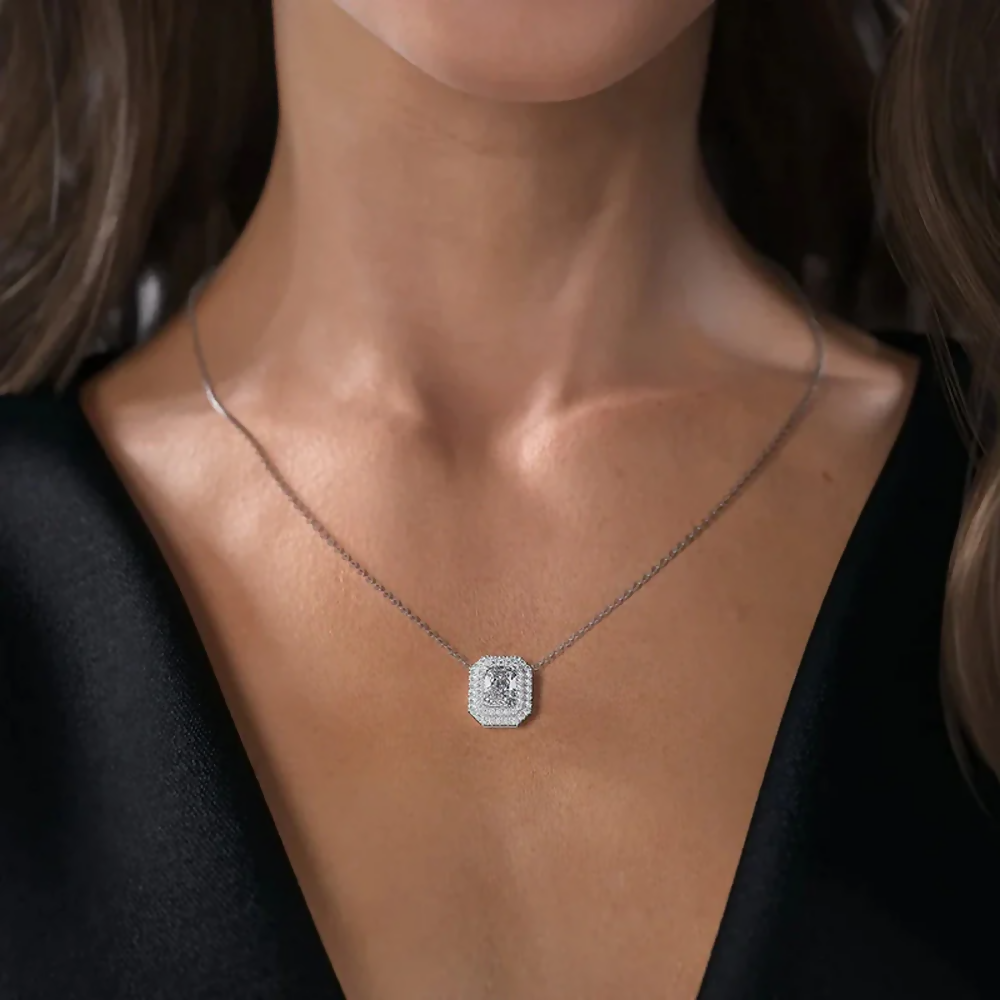 Cauer Elegant Radiant Moissanite Pendant Chain 14K Sterling Silver White Gold Plated - Distacart