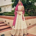 Cream Heavy Viscose Khatli, Embroidery & Mirror Work Unstitched Lehenga Choli - Sisha Keshav