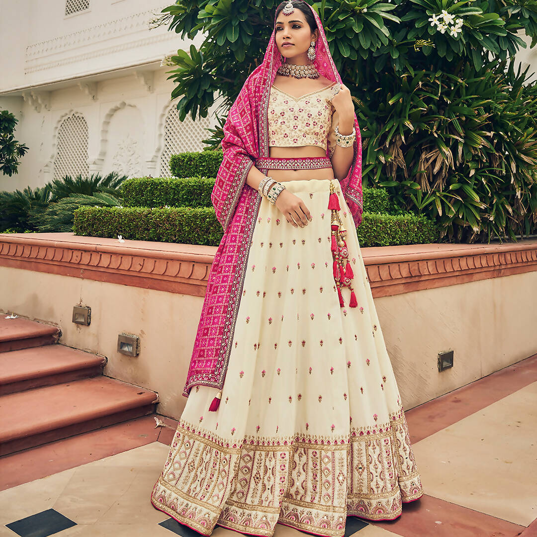 Cream Heavy Viscose Khatli, Embroidery & Mirror Work Unstitched Lehenga Choli - Sisha Keshav