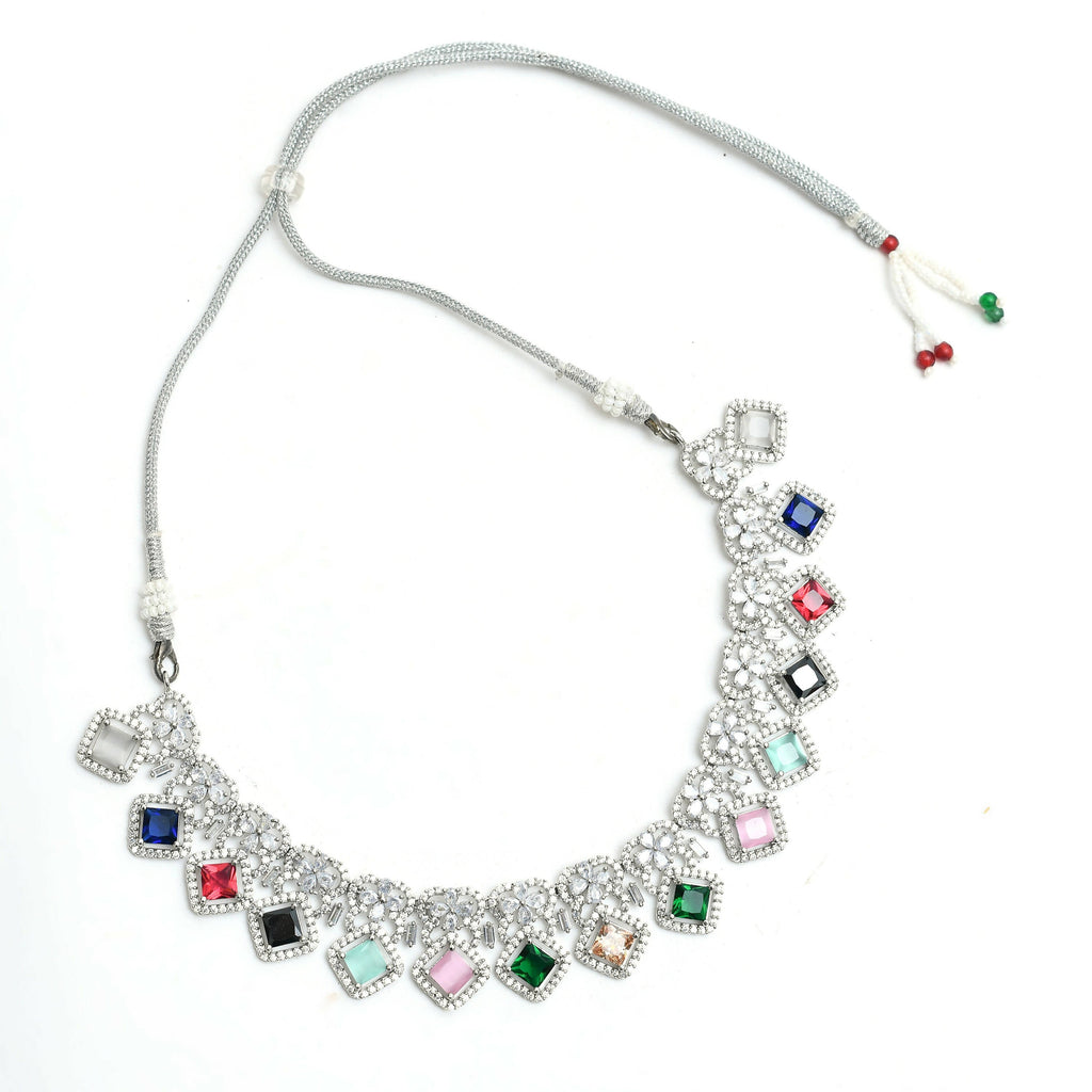 Mominos Fashion Johar Kamal Women Silver-Plated American Diamond Multi Colour Choker Set - Distacart