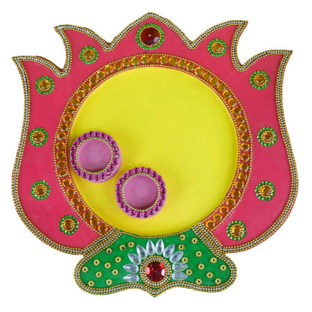Kundan HandiKrafts Mdf Lotus Pooja Thalis - Pink