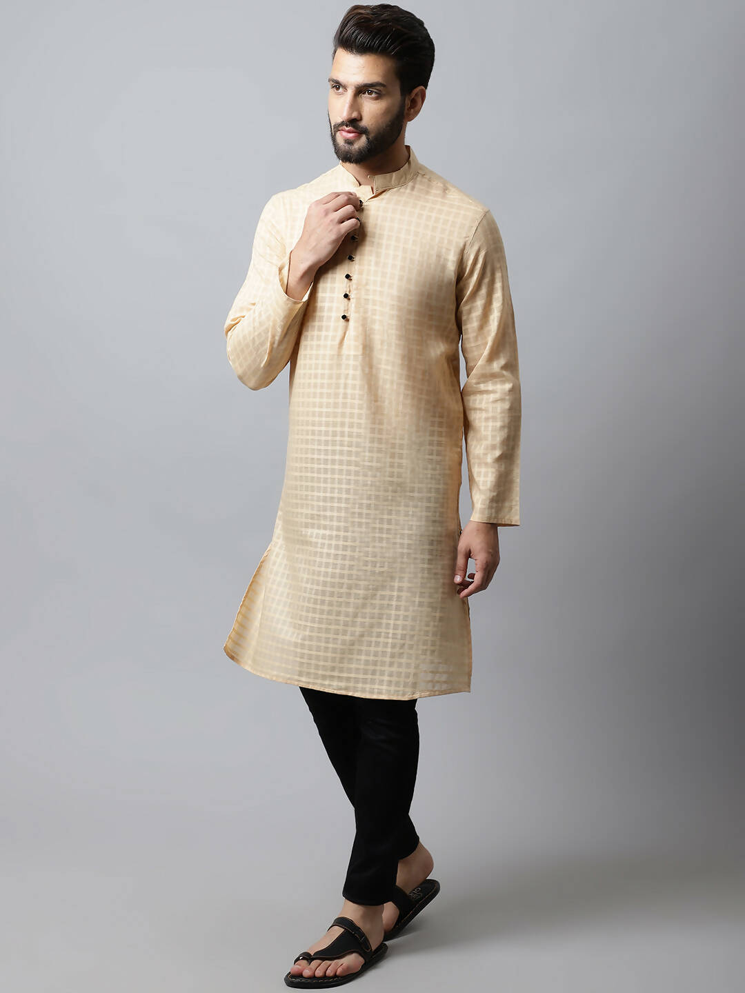 Even Apparels Beige Color Pure Cotton Men's Kurta With Side Placket (CHK1200) - Distacart