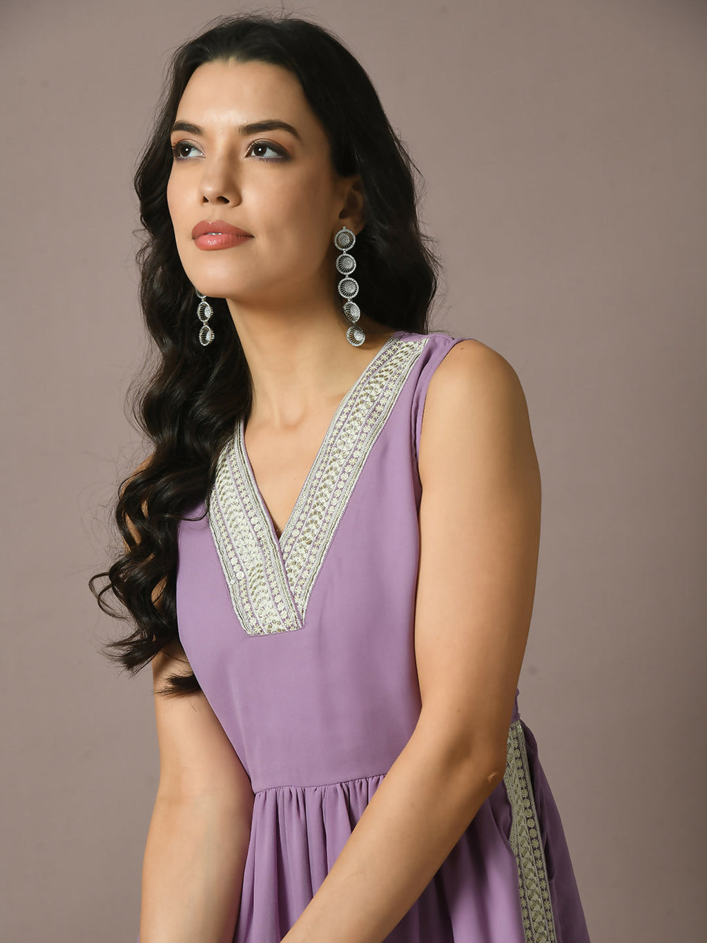 Myshka Women's Lavender Solid Georgette Anarkali Party Kurta Set