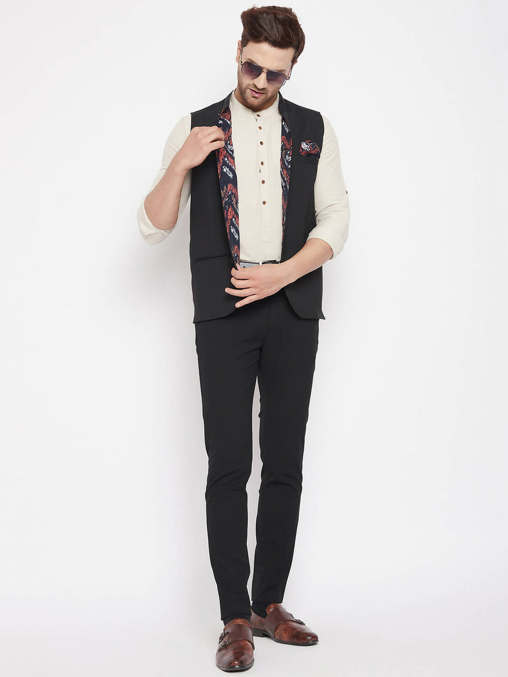 Even Apparels Black Merino Men's Nehru Jacket-Contrast Lining-Inbuilt Pocket Square - Distacart