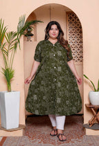 Miravan Womens Plus Size Pure Cotton Floral Printed Green Button Down A-Line Midi Dress - Distacart