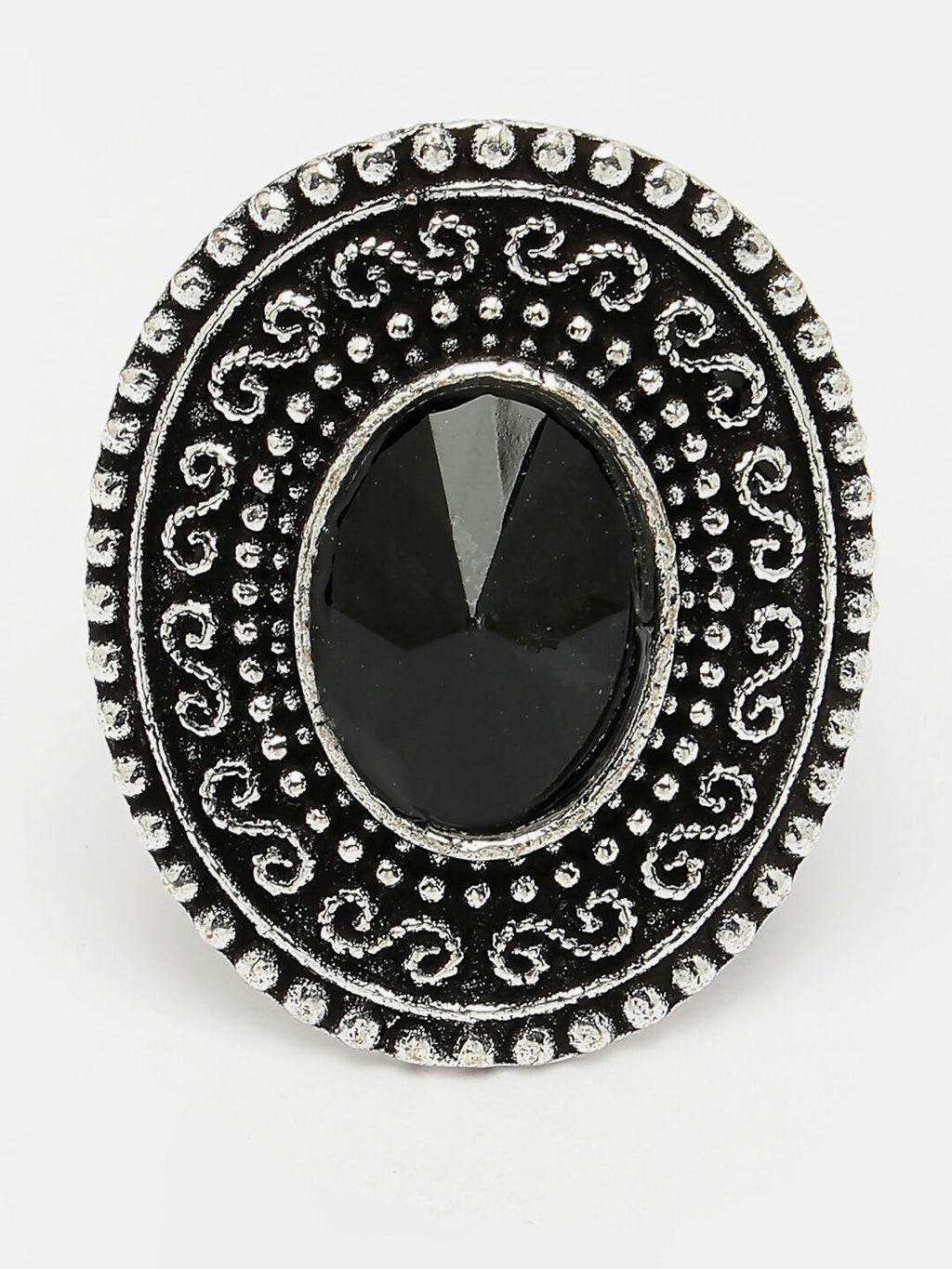 NVR Women's Black Silver-Toned German Silver Adjustable Finger Ring