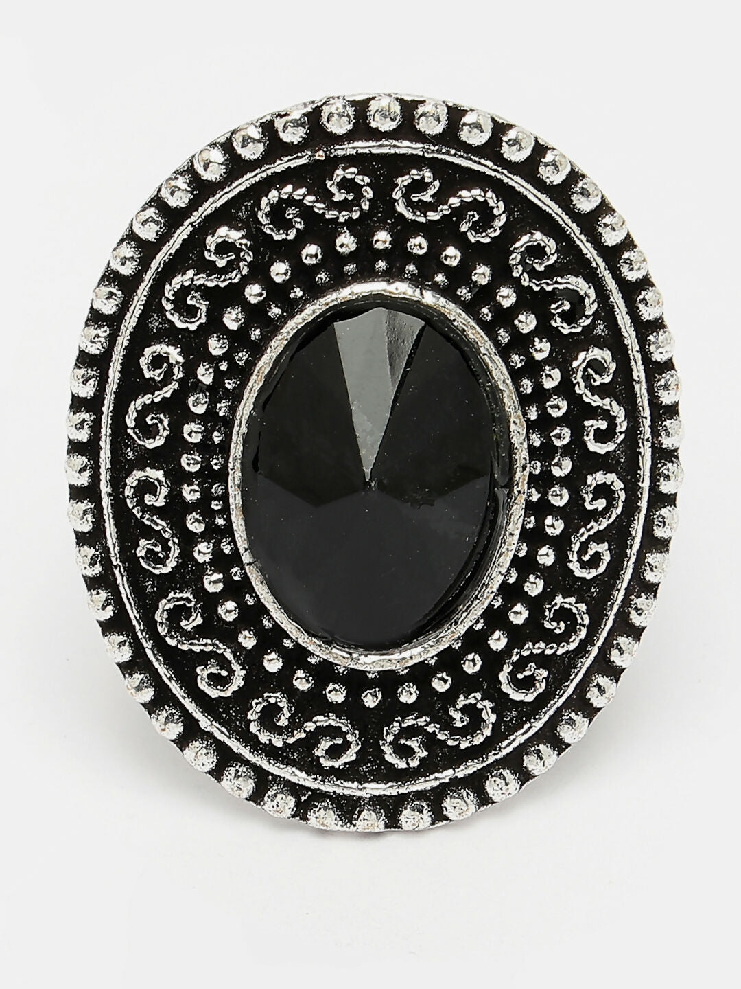 NVR Women's Black Silver-Toned German Silver Adjustable Finger Ring