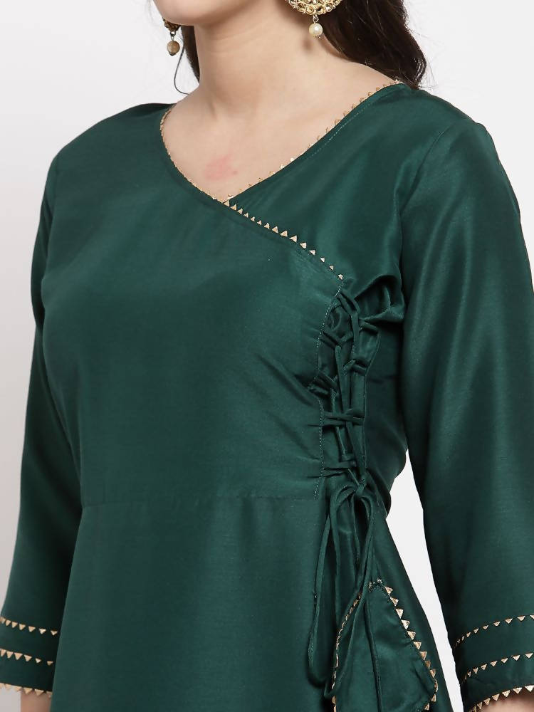 Myshka Women's Green Cotton Solid 3/4 Sleeve V Neck Casual Kurta Dupatta Set