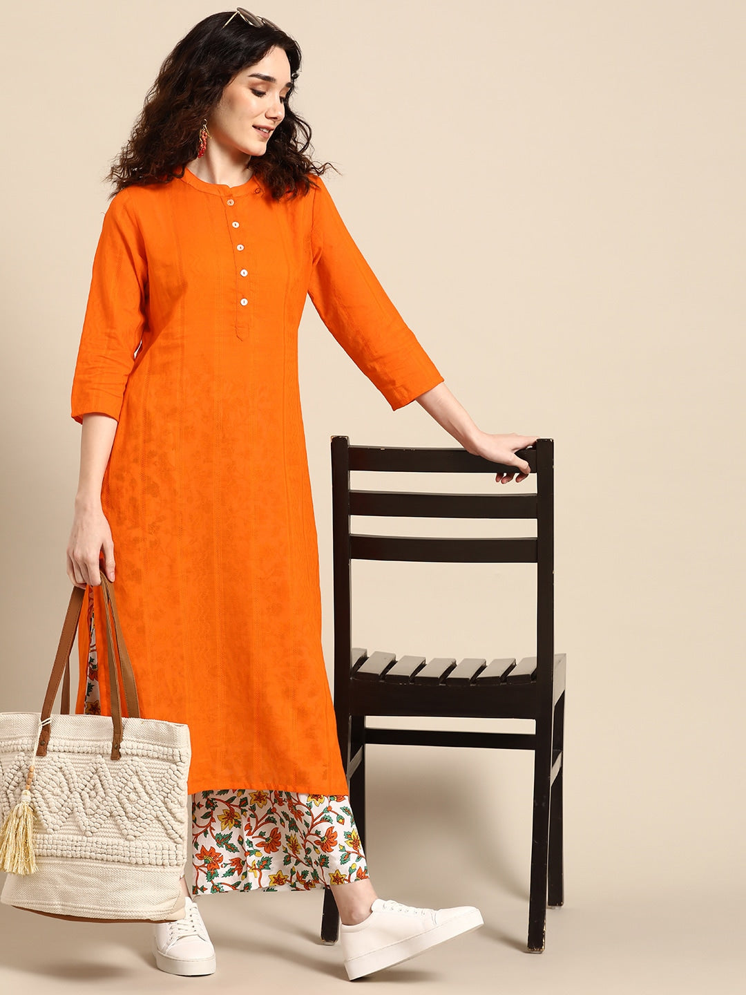 Sangria Women Orange Pure Cotton Kurta with Palazzos