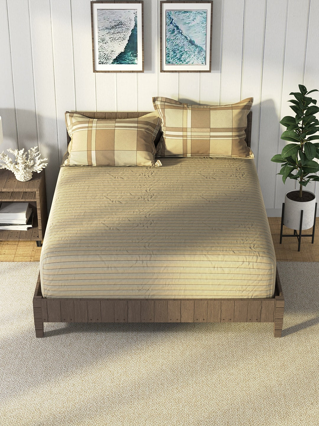 Nautica Brown & Brown Striped Cotton 160 TC King Bedsheet With 2 Pillow Covers