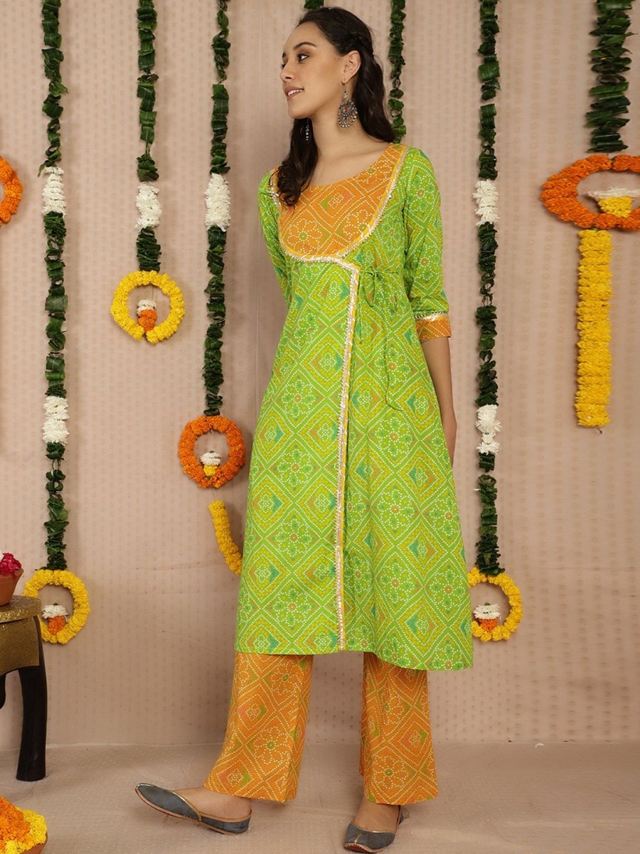 Aks Bandhani Printed Gotta Patti Pure Cotton Angrakha Kurta With Palazzos