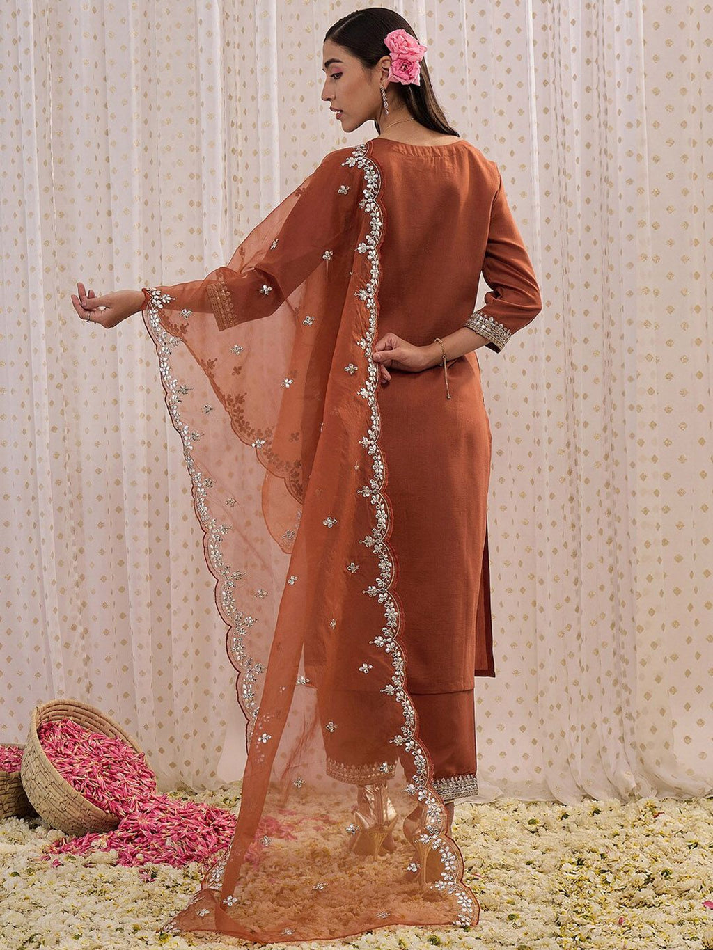 Indo Era Ethnic Motifs Embroidered Regular Gotta Patti Kurta with Trouser & Dupatta - Distacart
