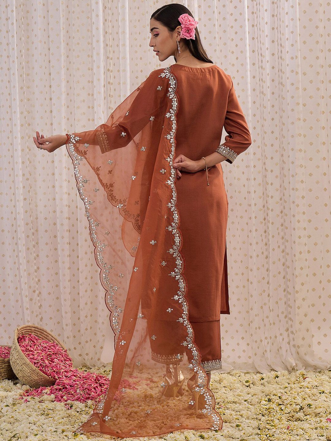 Indo Era Ethnic Motifs Embroidered Regular Gotta Patti Kurta with Trouser & Dupatta - Distacart