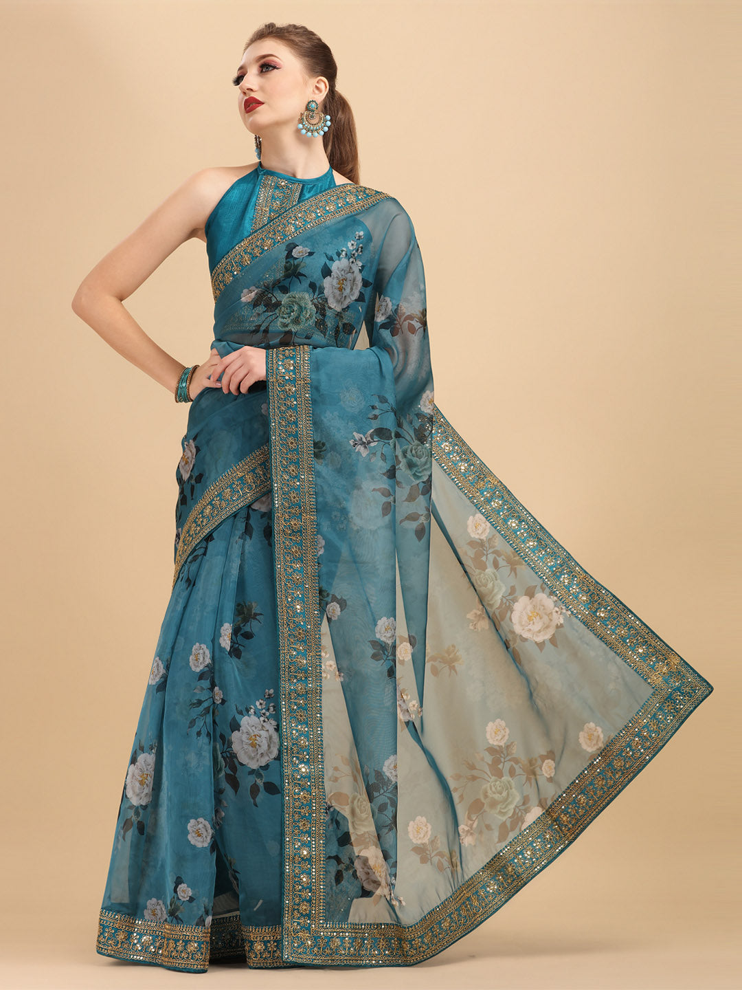 Sangria Teal & White Floral Embroidered Organza Saree - Distacart