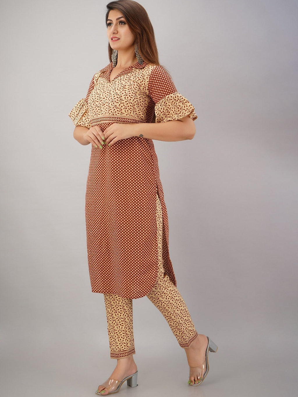 HERE&NOW Maroon & Beige Ethnic Motifs Printed Shirt Collar Kurta with Trousers