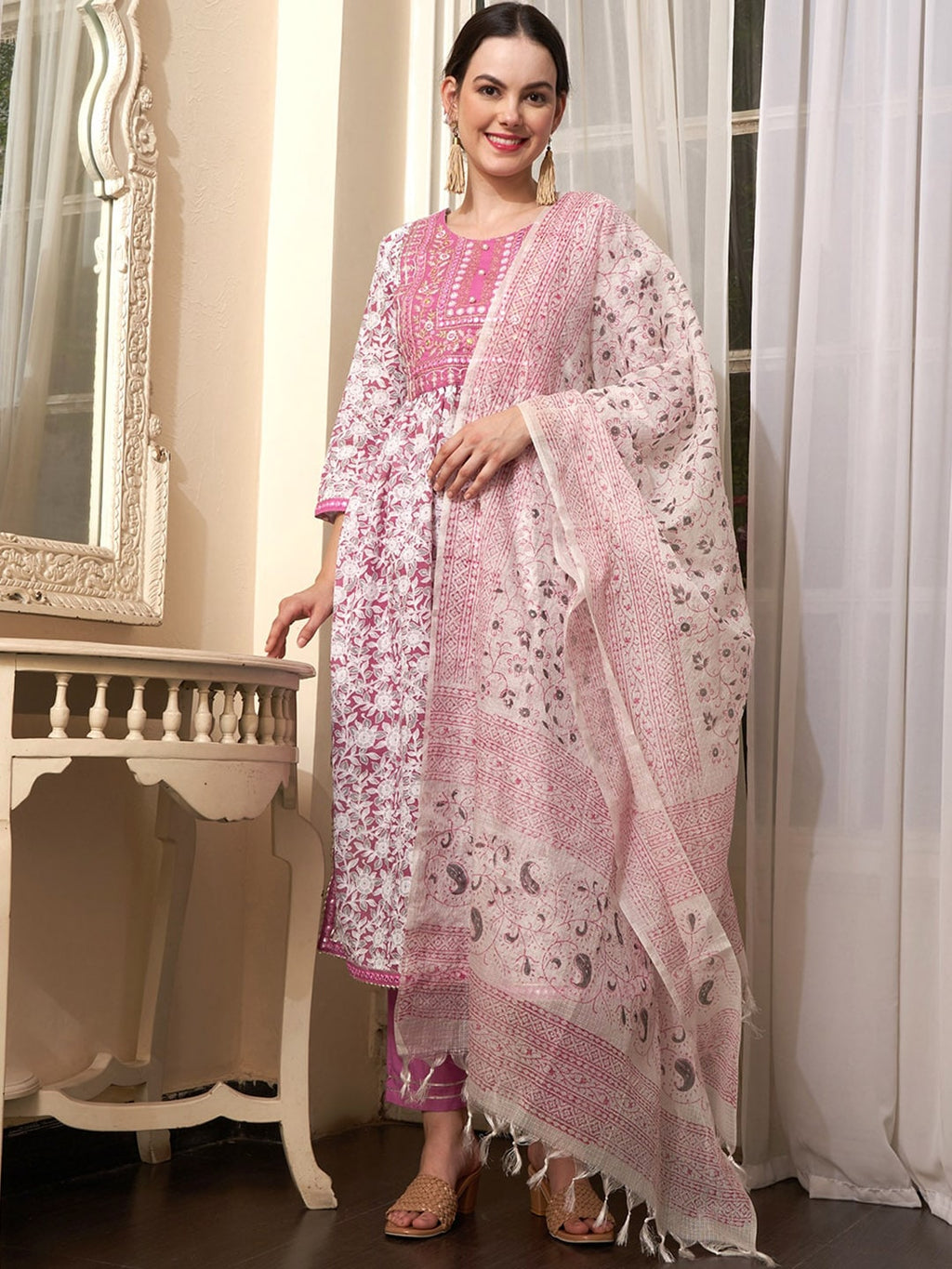 Sangria Mauve Embroidered Straight Pure Cotton Kurta With Trouser & Dupatta