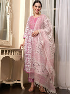 Sangria Mauve Embroidered Straight Pure Cotton Kurta With Trouser & Dupatta