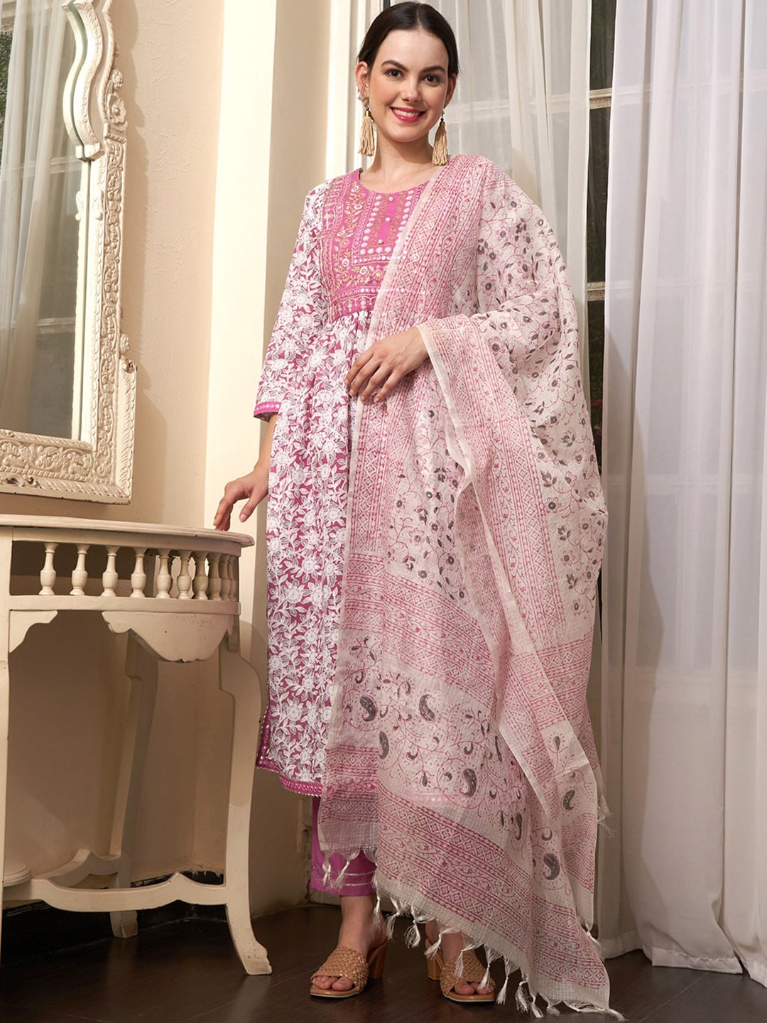 Sangria Mauve Embroidered Straight Pure Cotton Kurta With Trouser & Dupatta