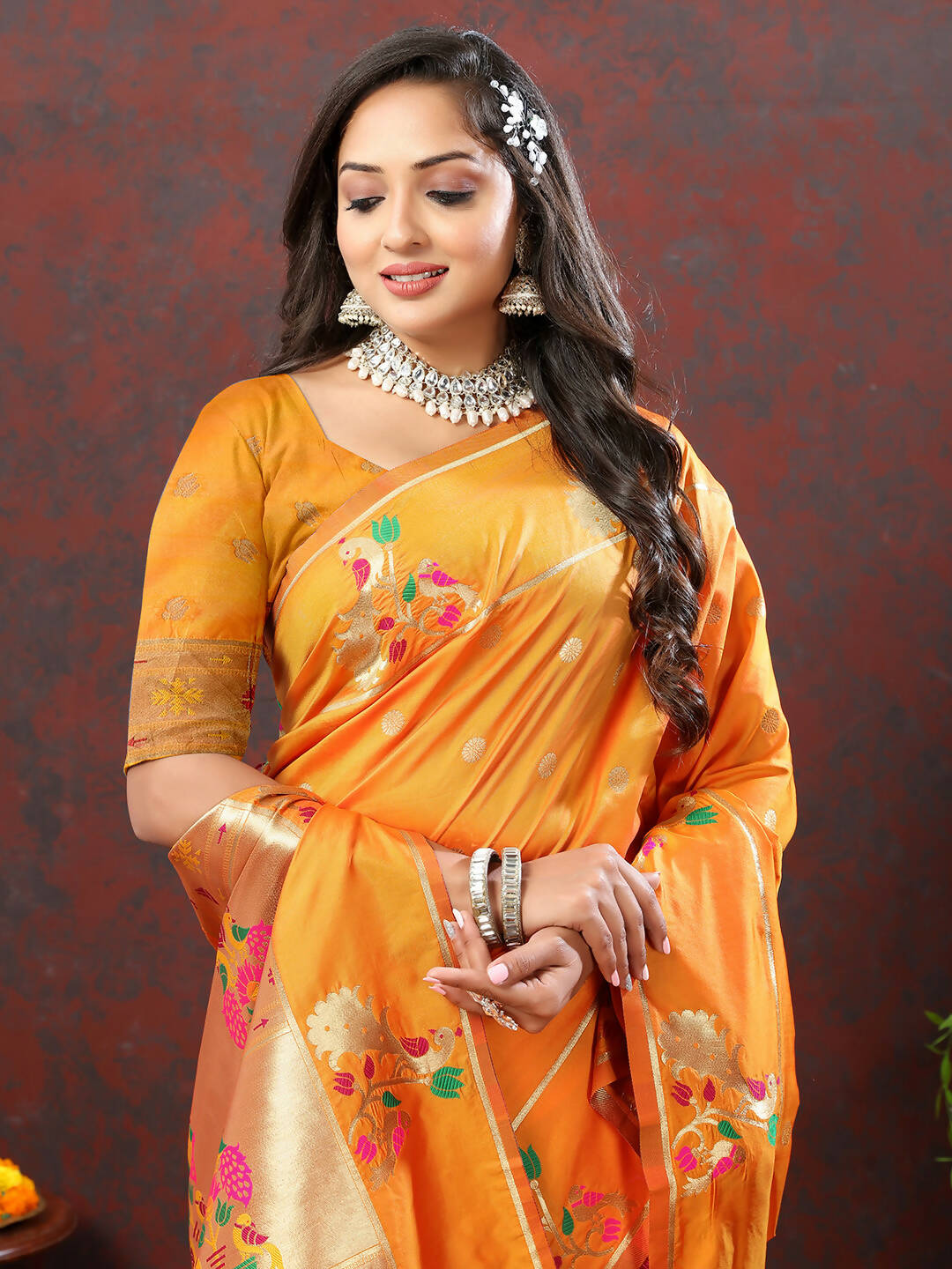 Lorenvalley Fashion Orange Soft Paithani Silk Woven Design Gold Zari Meenakari Weaving Saree