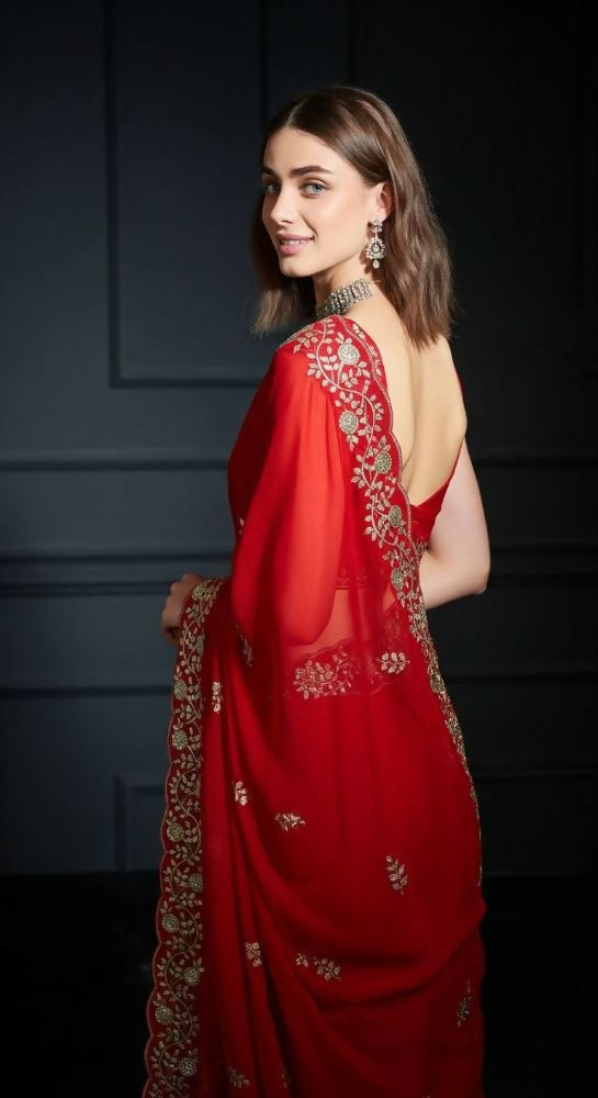 Joban Fashion Red Fandy Satin Silk Party Wear Sarees - Distacart