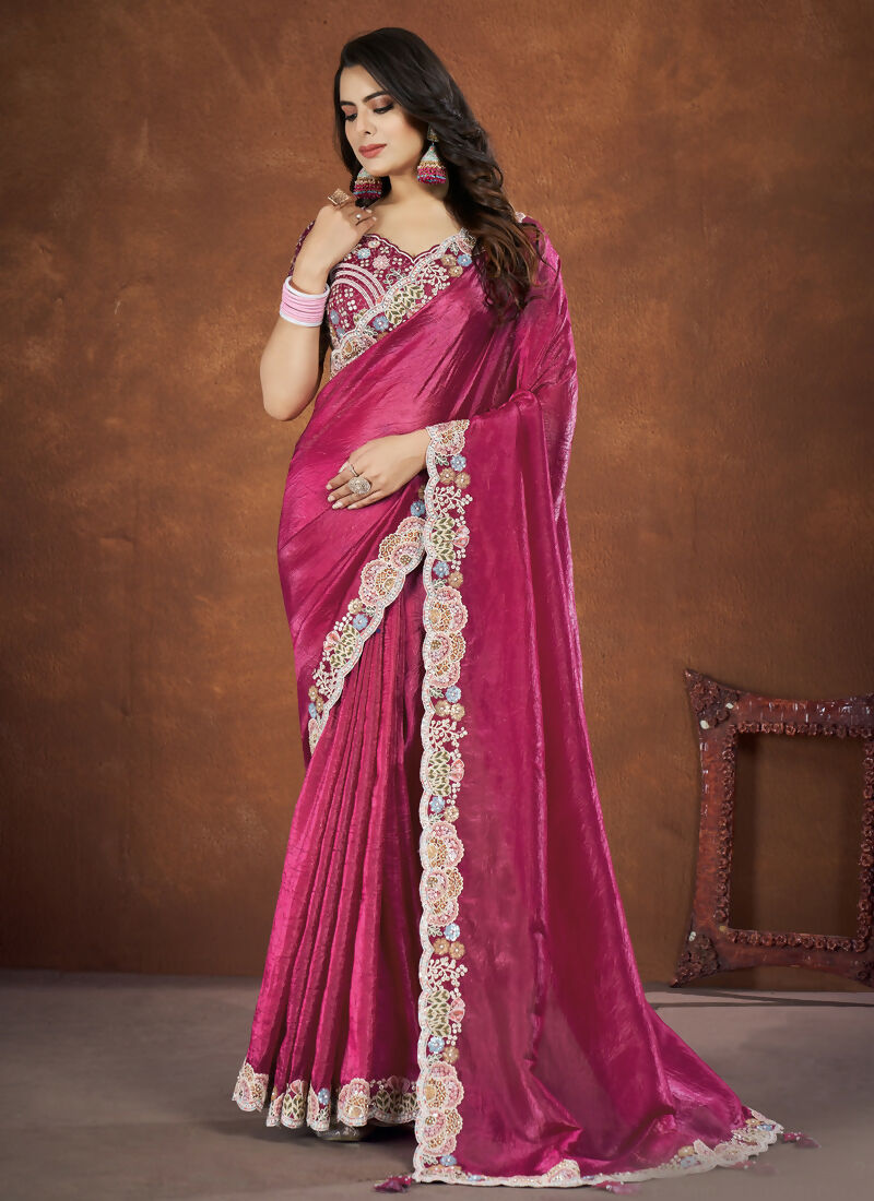 Pink Banarsi Crush Silk Embroidered Saree with stitched Blouse - Mohmanthan Saha Saki