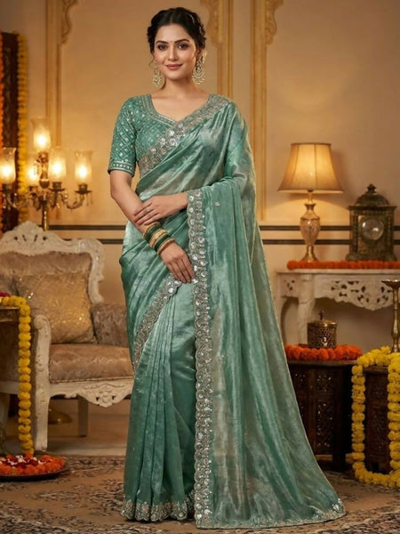 Joban Fashion Green Fandy Satin Silk Party Wear Sarees