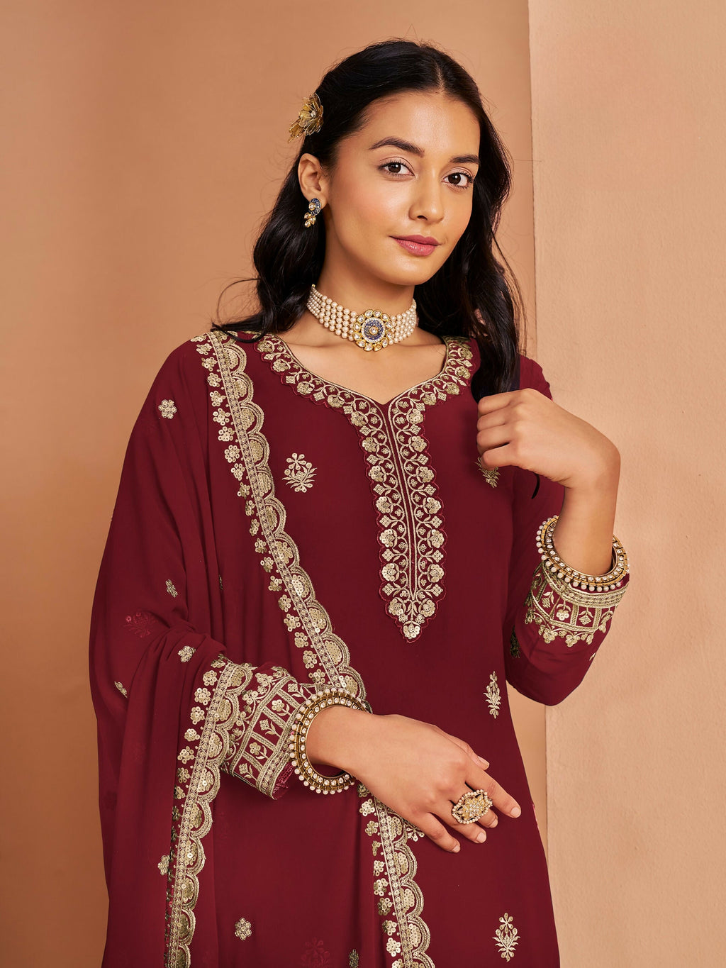 Anaita Maroon Premium Georgette Embroidered Stitched Salwar Suit - Distacart