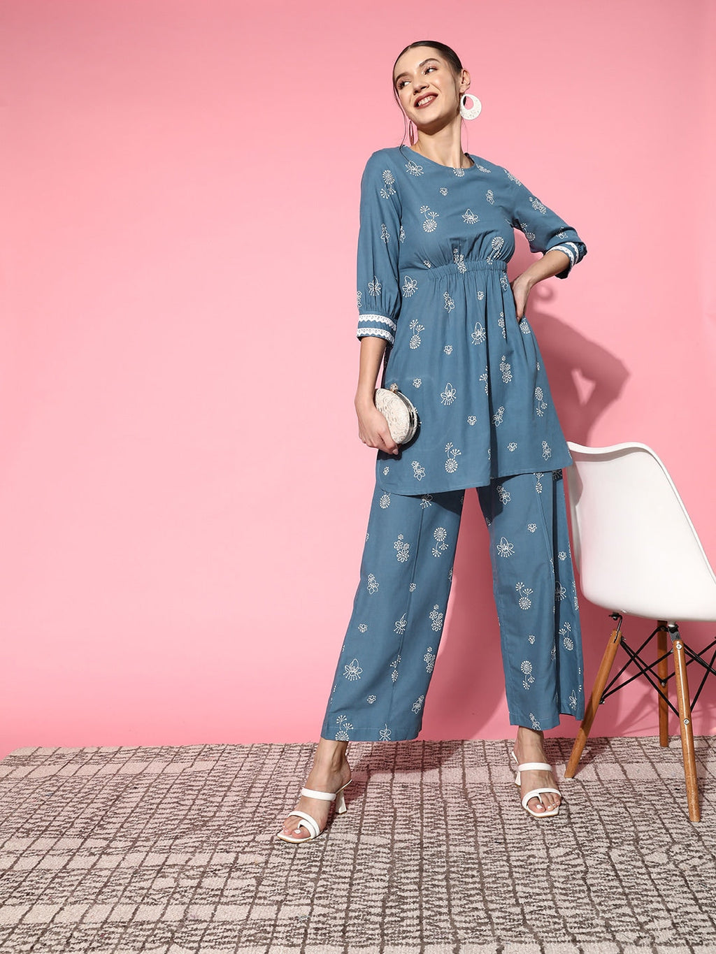 Sangria Women Blue Ethnic Motifs Printed Empire Pure Cotton Kurta with Palazzos
