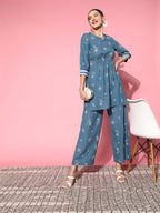 Sangria Women Blue Ethnic Motifs Printed Empire Pure Cotton Kurta with Palazzos